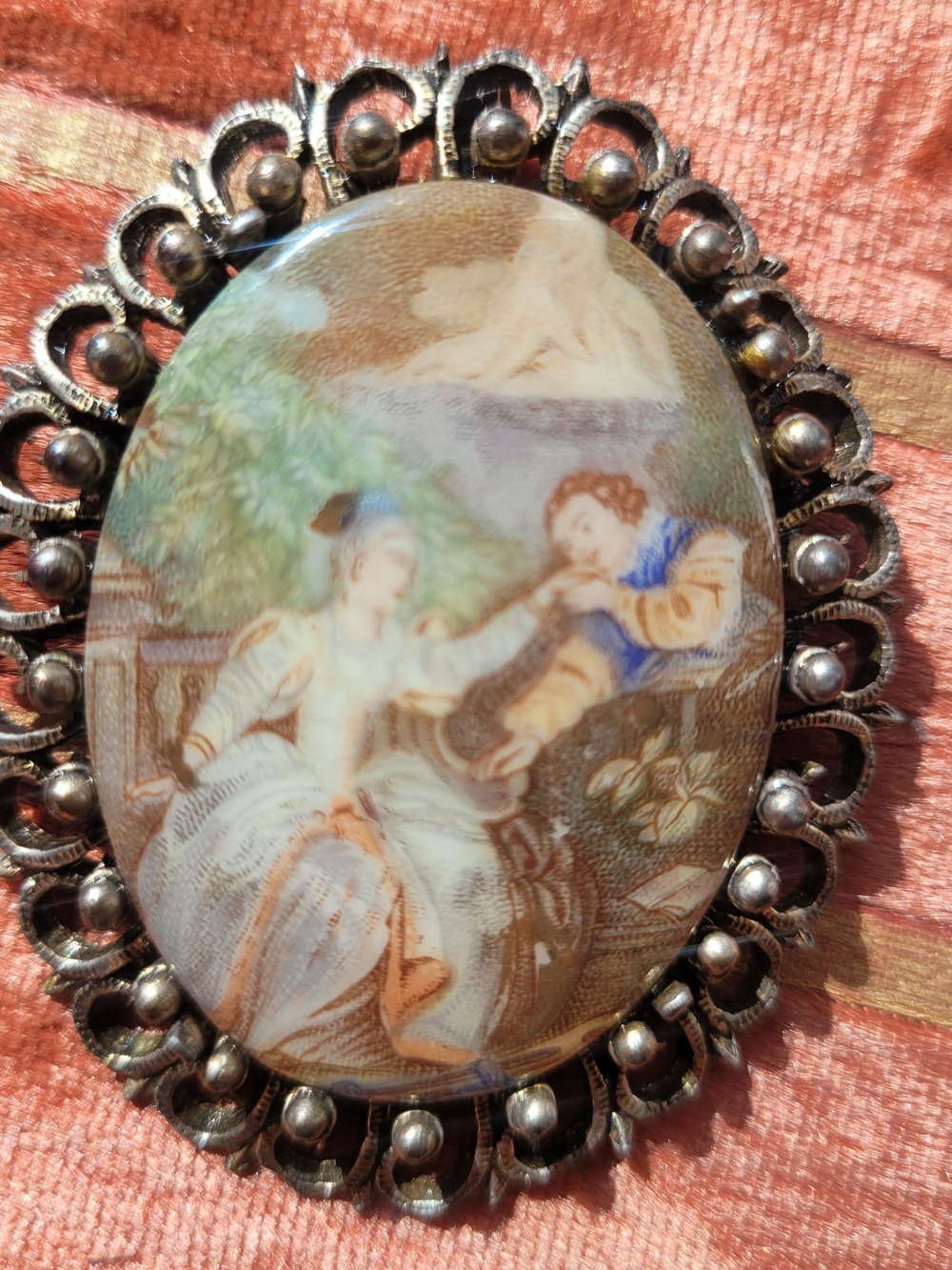 Vintage Painted Porcelain Couple Brooch in Cream, Brown and Blue